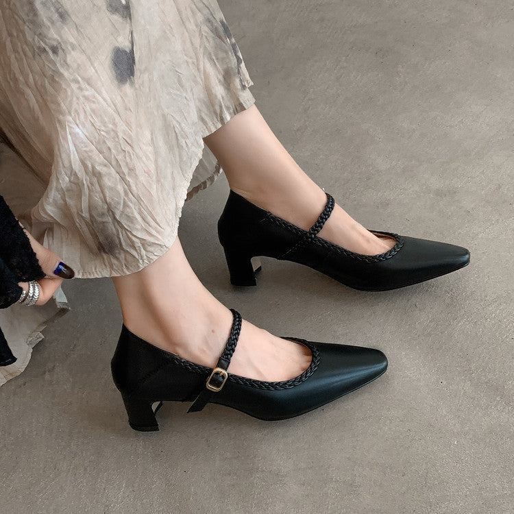 Karin Luna Braided Element Design Chunky Heel Square Toe Single Strap Shoes