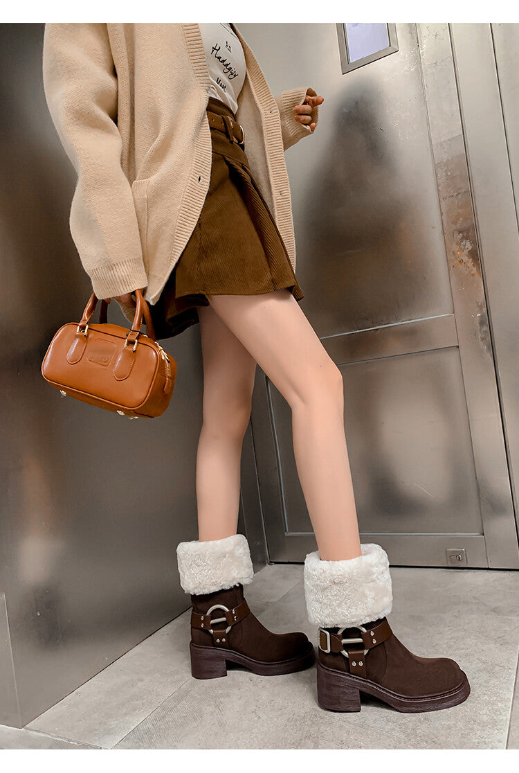 Karin Luna Genuine Lamb Wool and Cowhide Leather Hot-selling Metal Buckle Round Toe Chunky Heel Main Push Main Push