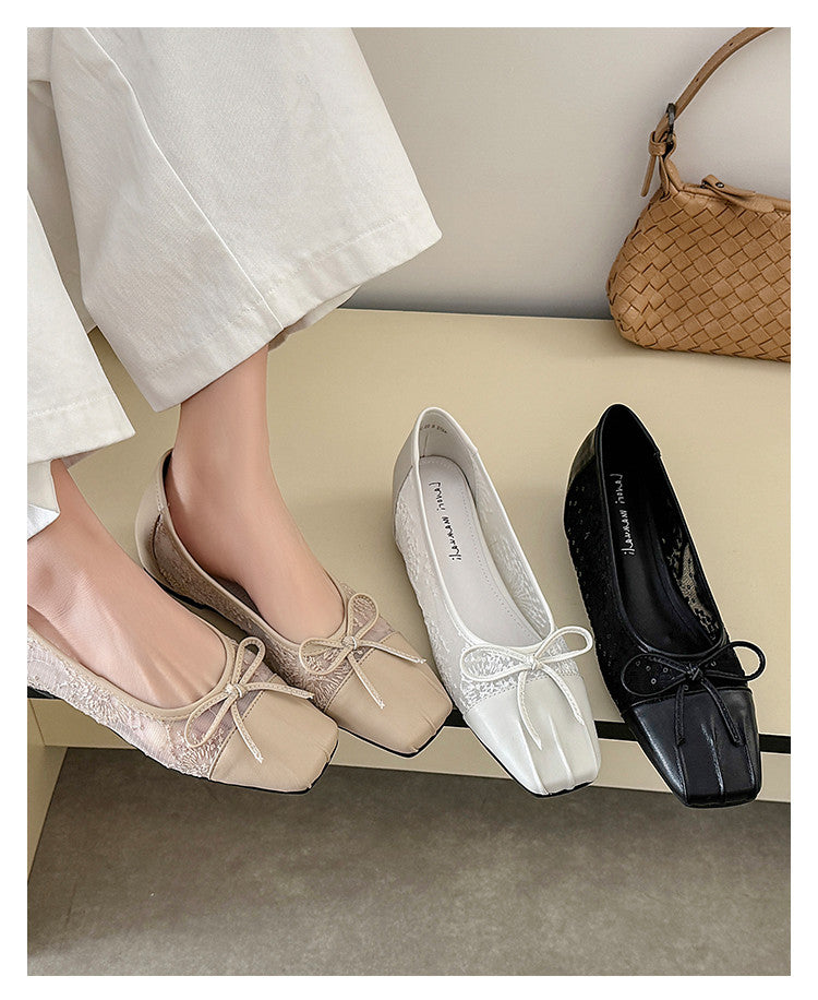 Karin Luna In Stock In Stock  Wrinkled Square Toe Patchwork Breathable Mesh Bow Granny Shoes