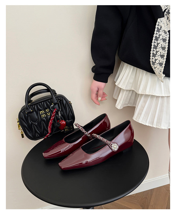 Karin Luna In Stock In Stock ~Metal One-Strap Pearl Small Square Toe Height-Increasing Flats