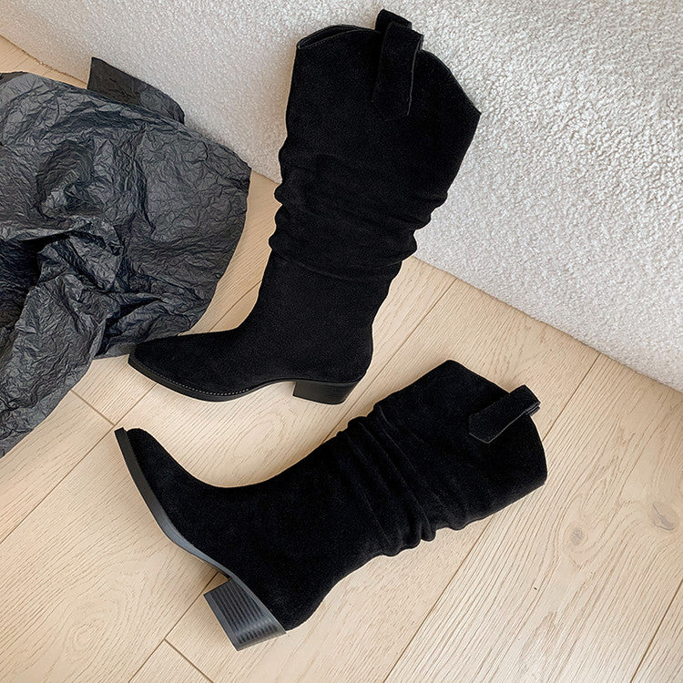 Karin Luna Elegant Style  Pointed Toe Wrinkled Wide Western Boots