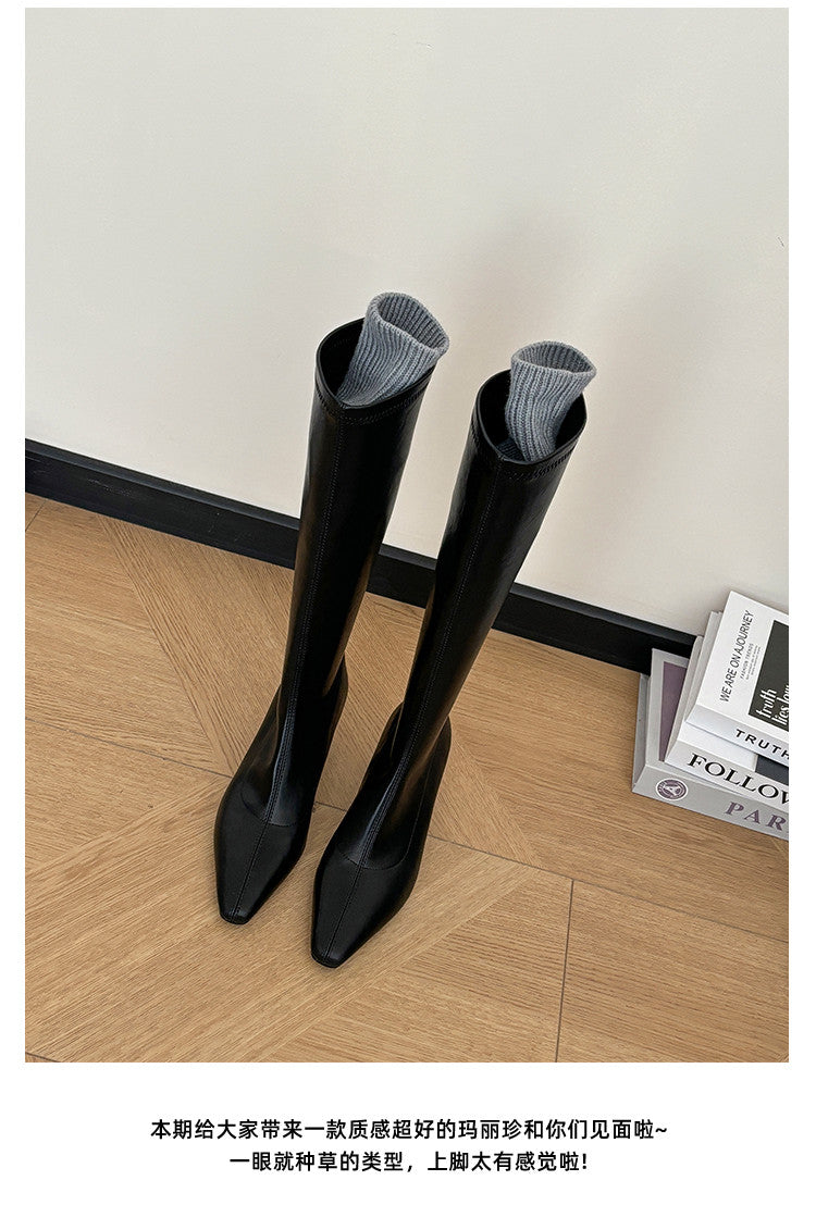 Karin Luna In Stock In Stock  Square Toe Chunky Heel Korean Style Elegant Long Boots