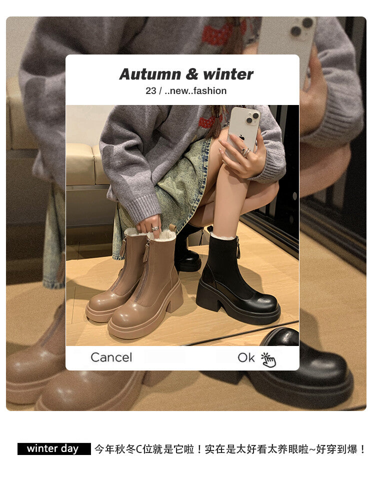Karin Luna Basic Bestseller Timeless Thick Fur Lined Round Toe Thick Sole Cowhide Snow Boots