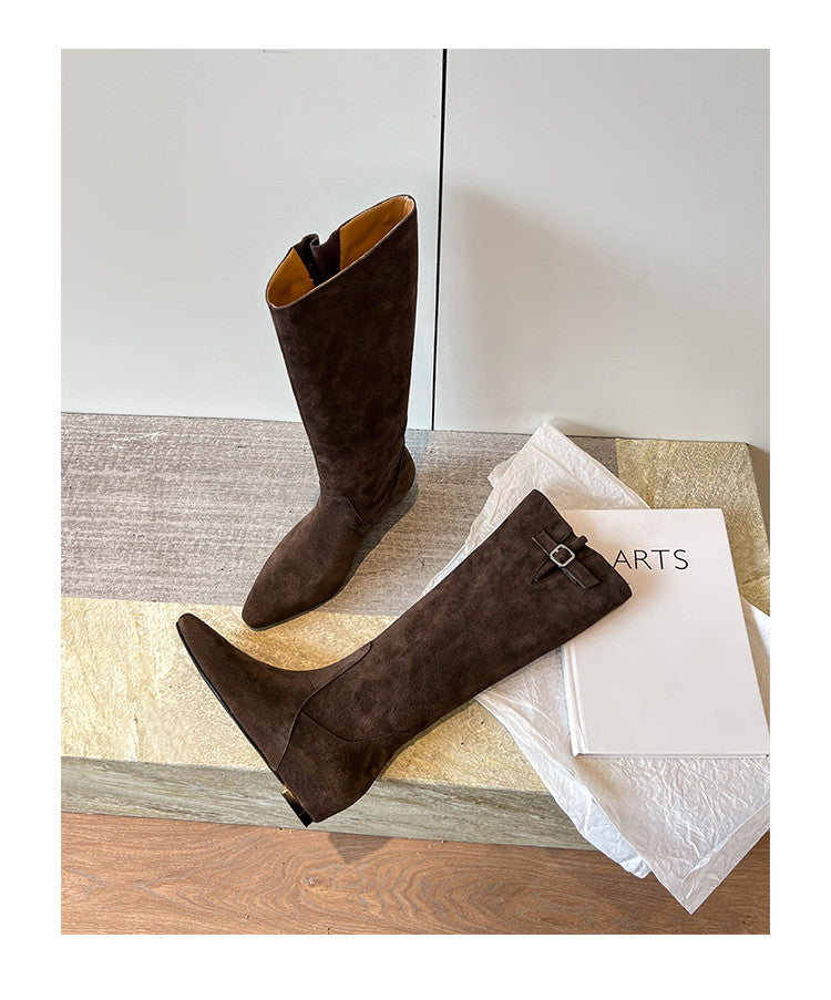Karin Luna In Stock Spot Goods Vintage Cowhide Leather Chunky Heel Height Increasing Long Boots