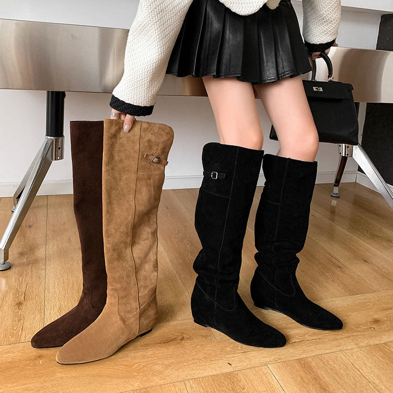 Karin Luna In Stock Spot Goods Vintage Cowhide Leather Two-Way Wear Pointed Toe Height-Increasing Long Boots