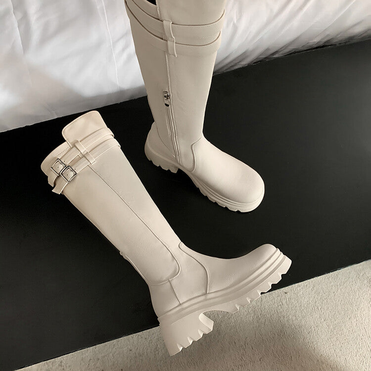 Karin Luna In Stock  Round Toe Thick Sole Casual Belt Buckle Long Boots