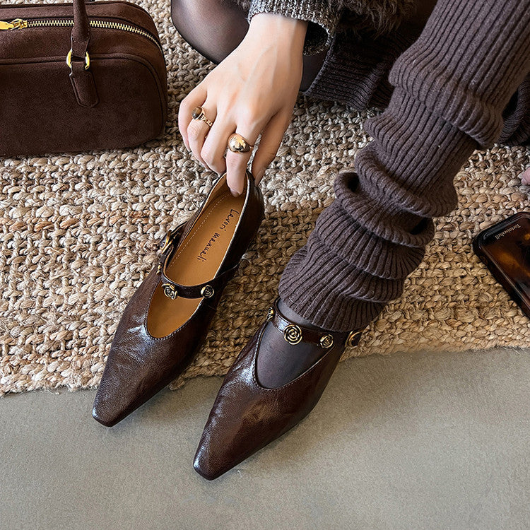 Karin Luna In Stock Spot Goods    Retro Classic Metal Camellia Irregular Heel Single Shoes