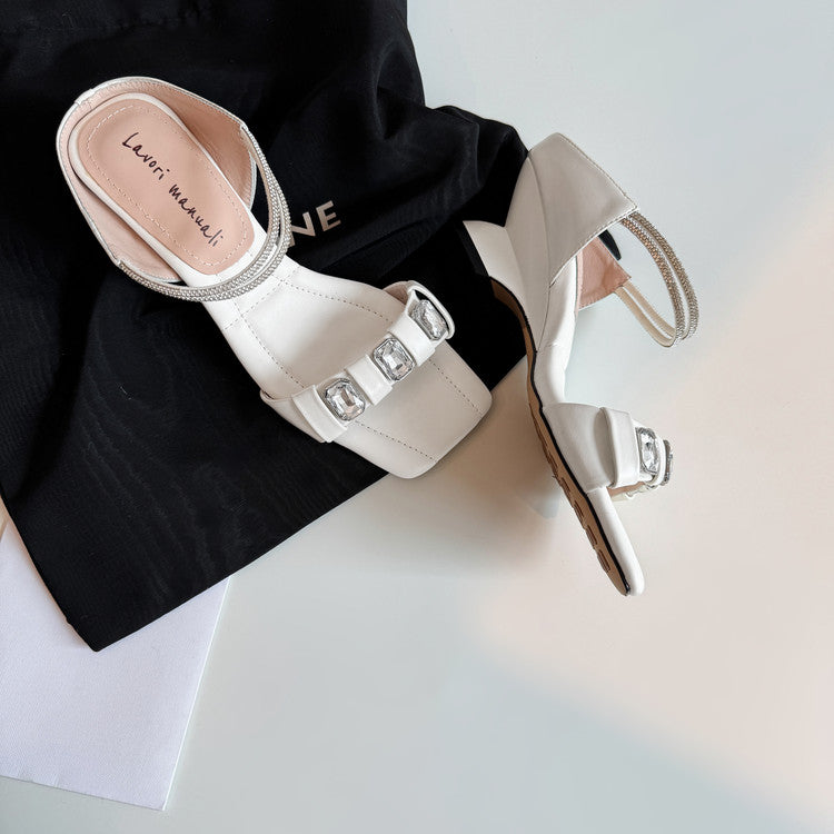 Karin Luna Bestseller Popular Rhinestone Ribbon Square Toe Slippers