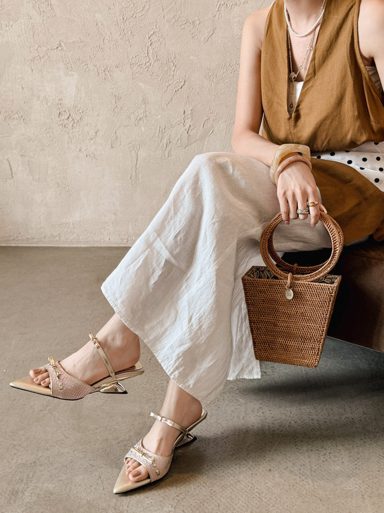 Karin Luna Fish Skin Series~Pointed Toe Irregular Heel Bowknot Strap Slippers