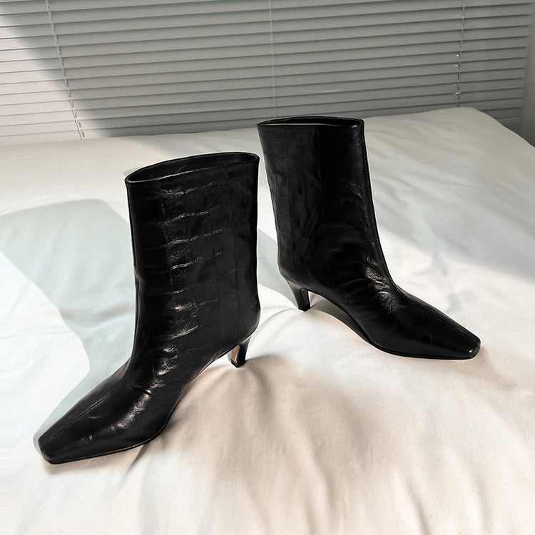 Karin Luna In Stock Spot Goods Top Layer Stone Pattern Cowhide Textured Small Square Toe Straight Short Boots