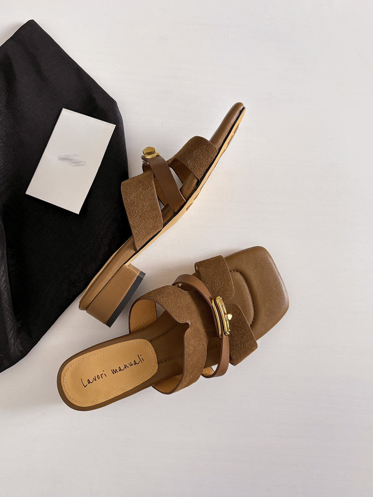 Karin Luna Comfortable Gold Buckle Square Toe Chunky Heel Casual Style Slippers