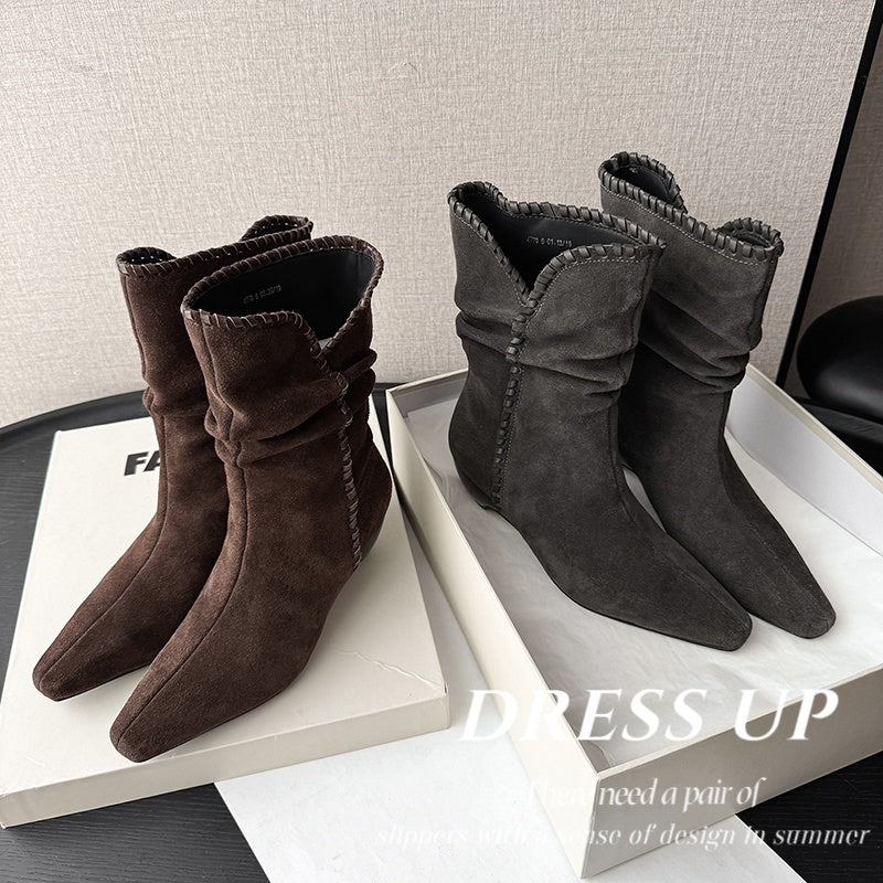 Karin Luna Elegant Style Small Square Toe Pleated Short Boots