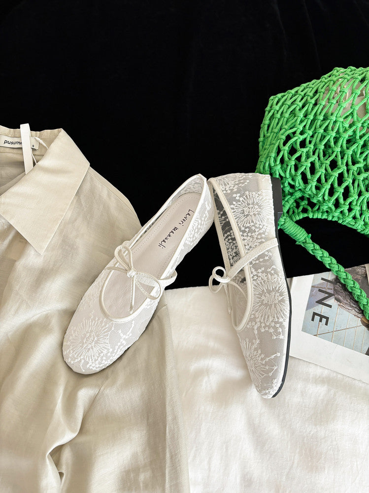 Karin Luna In Stock Spot Goods  Summer Breathable Retro Embroidered Bow Granny Shoes