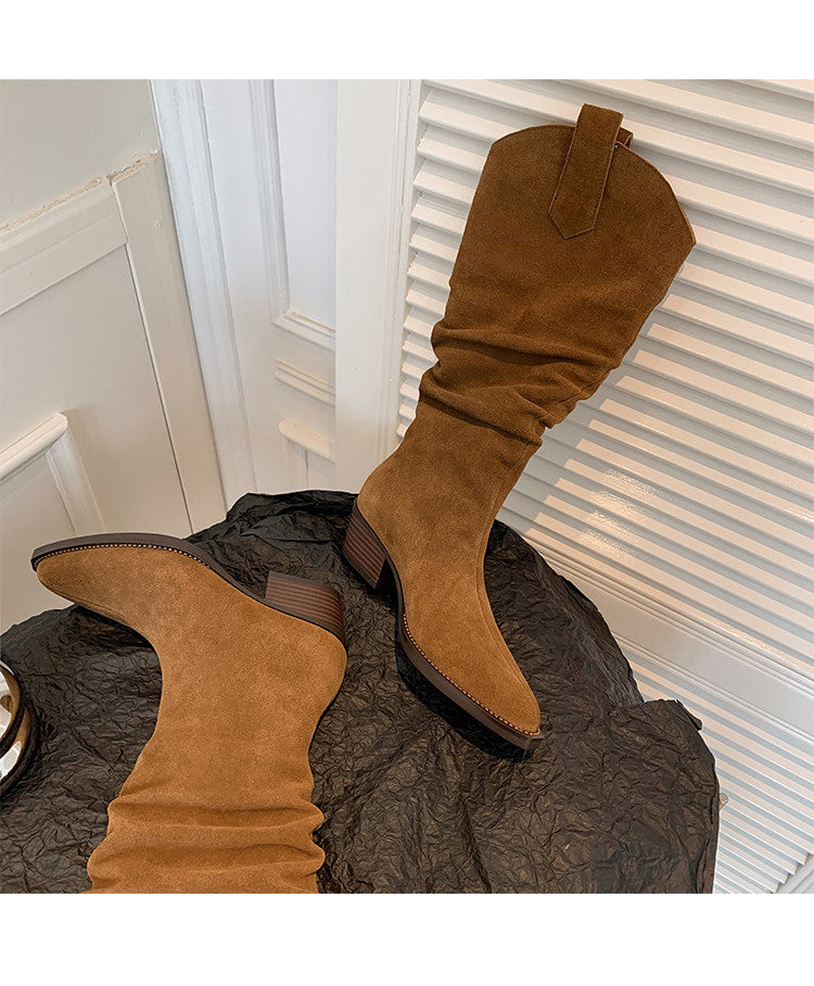 Karin Luna Elegant Style  Pointed Toe Wrinkled Wide Western Boots