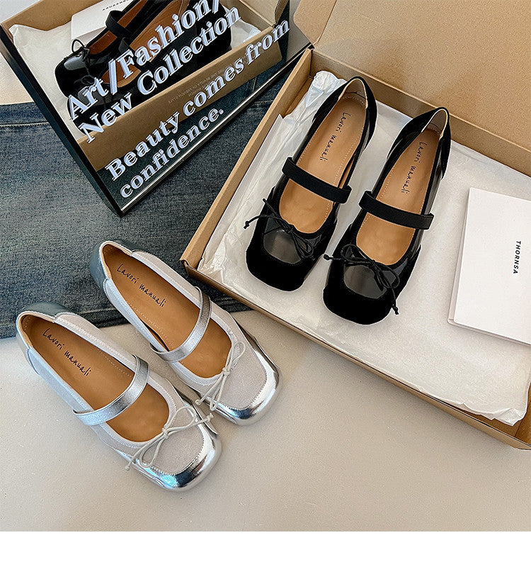 Karin Luna In Stock Spot Goods    Color Block Cowhide Leather Square Toe Slip-On Height Increasing Bowknot Flats