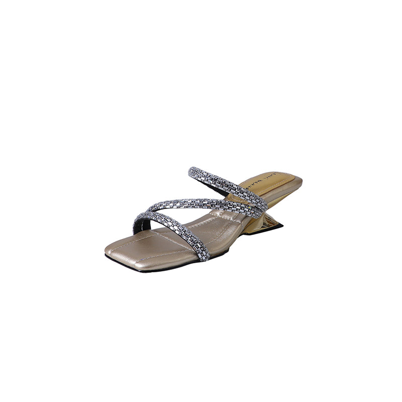 Karin Luna In Stock Spot Goods  Rhinestone One-Strap Irregular Heel Square-Toe Slippers