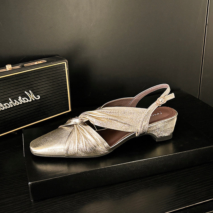 Karin Luna French Retro Wrinkled Small Square Toe Elegant Closed-Toe Sandals