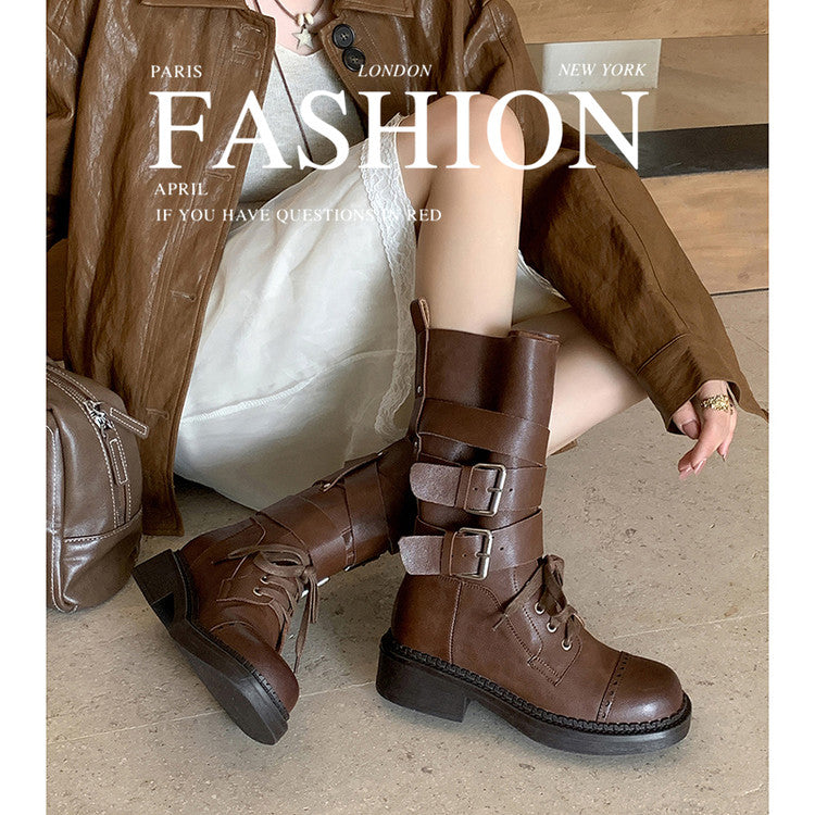 Karin Luna Bestseller Hot-Selling Large Tube Leather Belt Buckle Round Toe Thick-Soled Short Boots