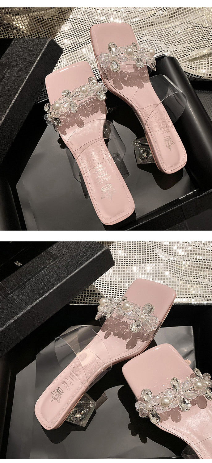 Karin Luna In Stock Spot Goods  Always in stock Square Toe Sweet Rhinestone Crystal Heel Slippers