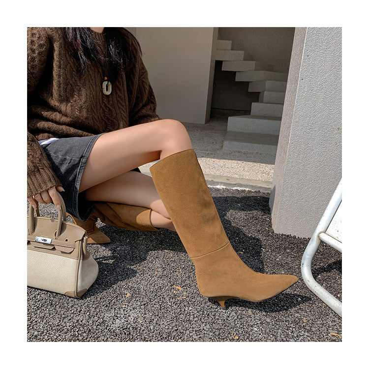 Karin Luna In Stock Spot Goods Retro Cowhide Pointed Toe Stiletto Elegant Long Boots
