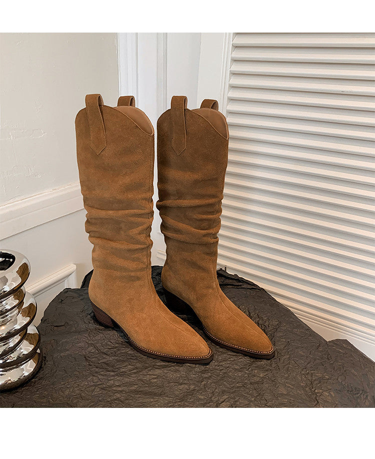 Karin Luna Elegant Style  Pointed Toe Wrinkled Wide Western Boots
