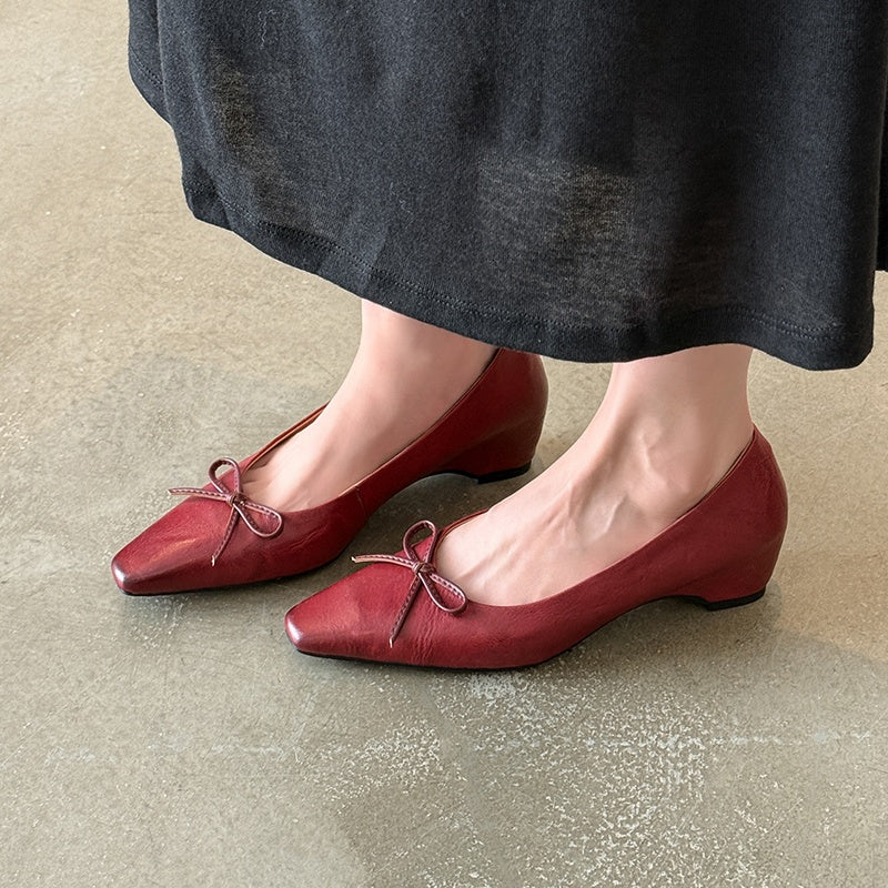 Karin Luna Full Layer Inside and Out~Basic Versatile Small Square Toe Butterfly Knot Irregular Heel Single Shoes