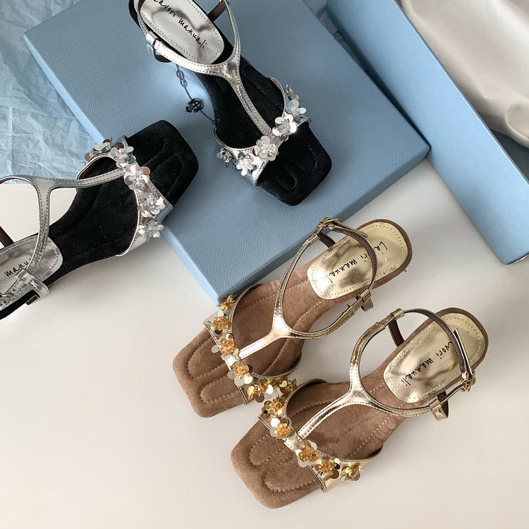 Karin Luna Hot-Selling Sequin Floral Series ~  Square Toe Irregular Heel Square Toe Sandals