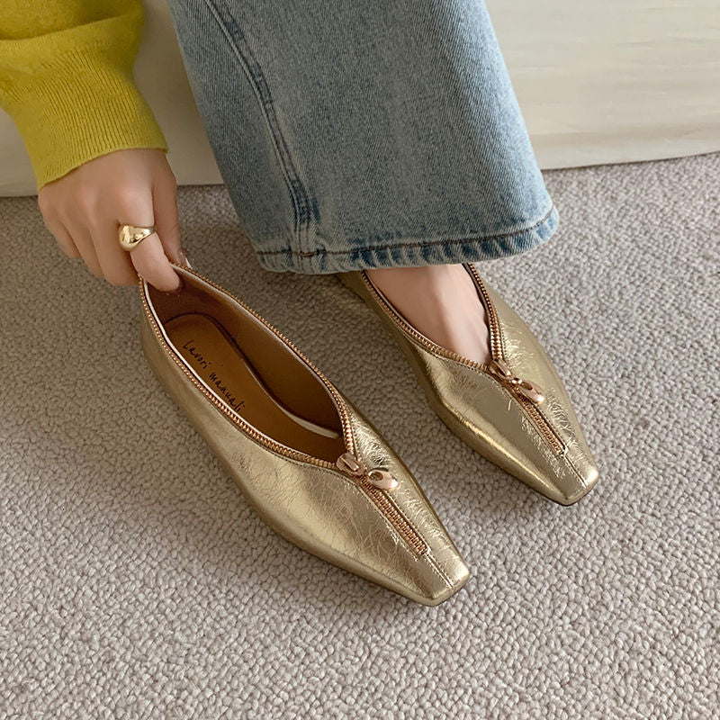 Karin Luna In Stock In Stock ~Basic Versatile Light Luxury Zipper Small Square Toe Flats