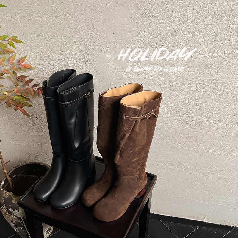 Karin Luna In Stock In Stock Mango Head Large Tube Belt Buckle Chunky Heel Long Boots