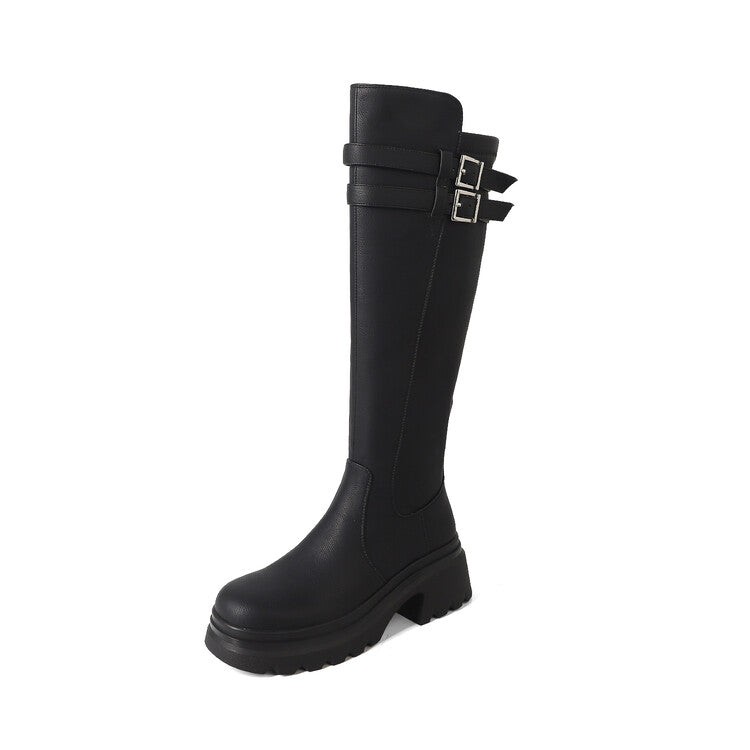 Karin Luna In Stock Best-selling in stock   Super Soft Sheepskin  Round Toe Thick Sole Vintage Belt Buckle Long Boots