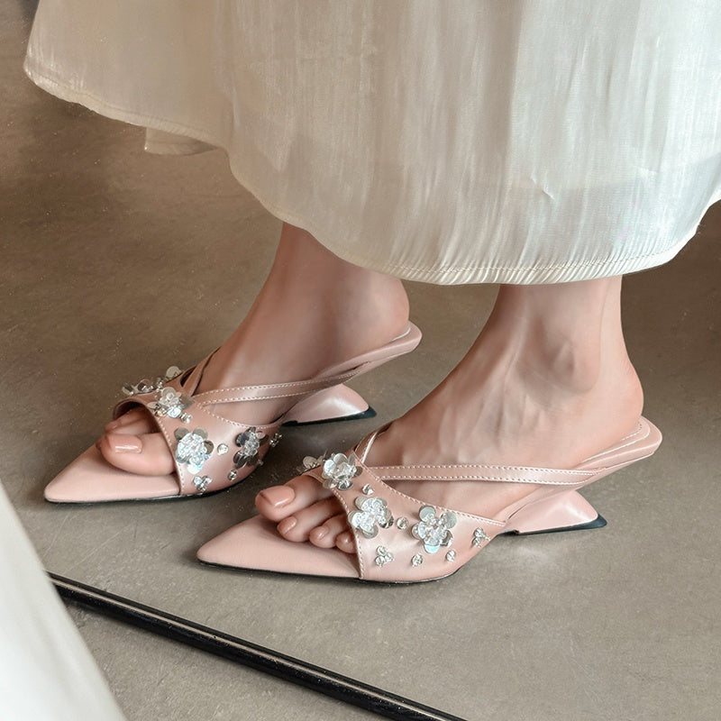 Karin Luna Bestseller Sequin Elements Elegant Pointed Toe Irregular Heel Slippers