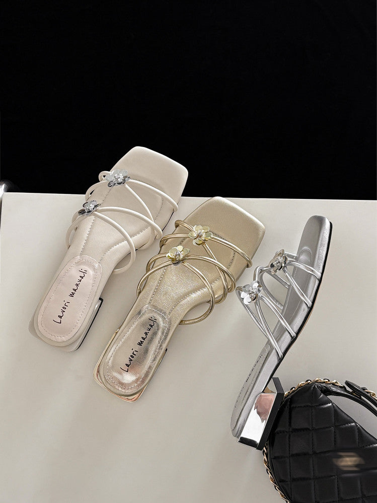 Karin Luna In Stock    Spot Goods    Square Toe One-Strap Sequin Flower Flat Slippers