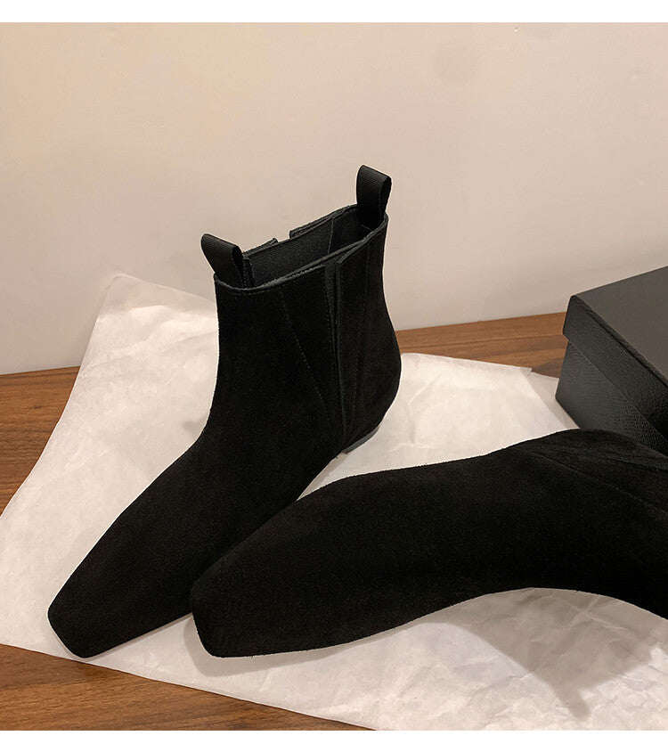 Karin Luna Classic Style Internal Height Increase Cowhide Leather Small Square Toe Short Fashion Boots