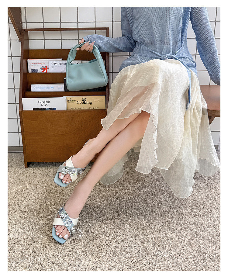 Karin Luna In Stock Spot Goods  Sequin Floral Cross Strap Square Toe Stiletto Slippers