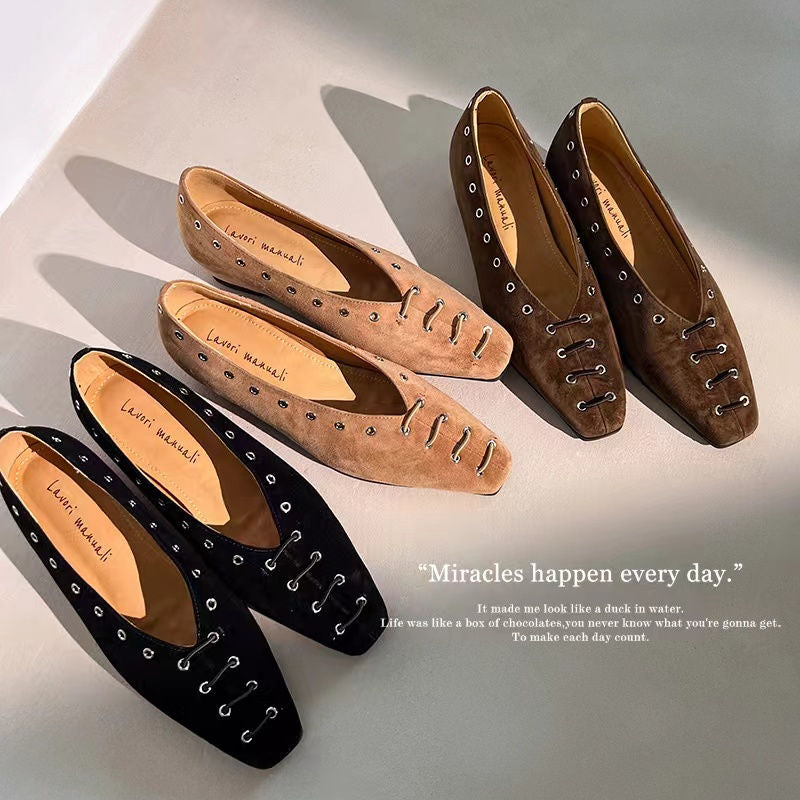 Karin Luna In Stock Spot Goods    Old Money Style Square Toe Suede Flats