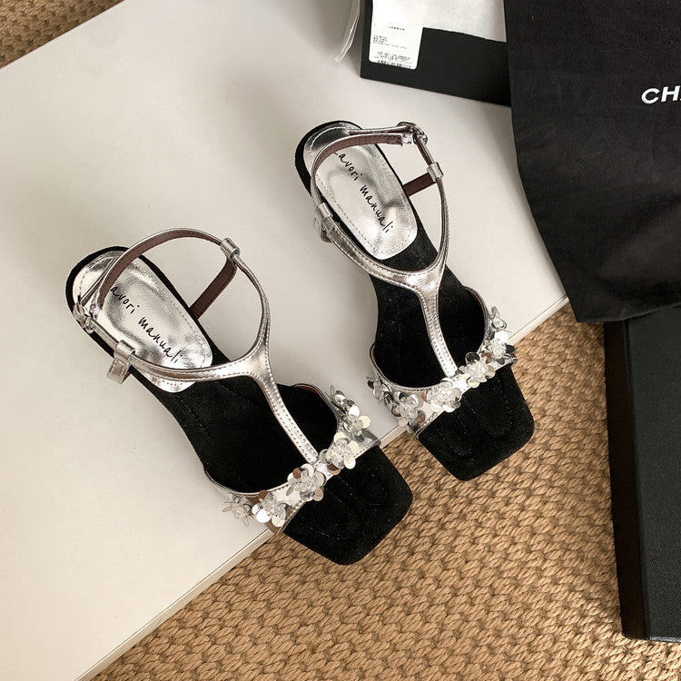 Karin Luna Hot-Selling Sequin Floral Series ~  Square Toe Irregular Heel Square Toe Sandals