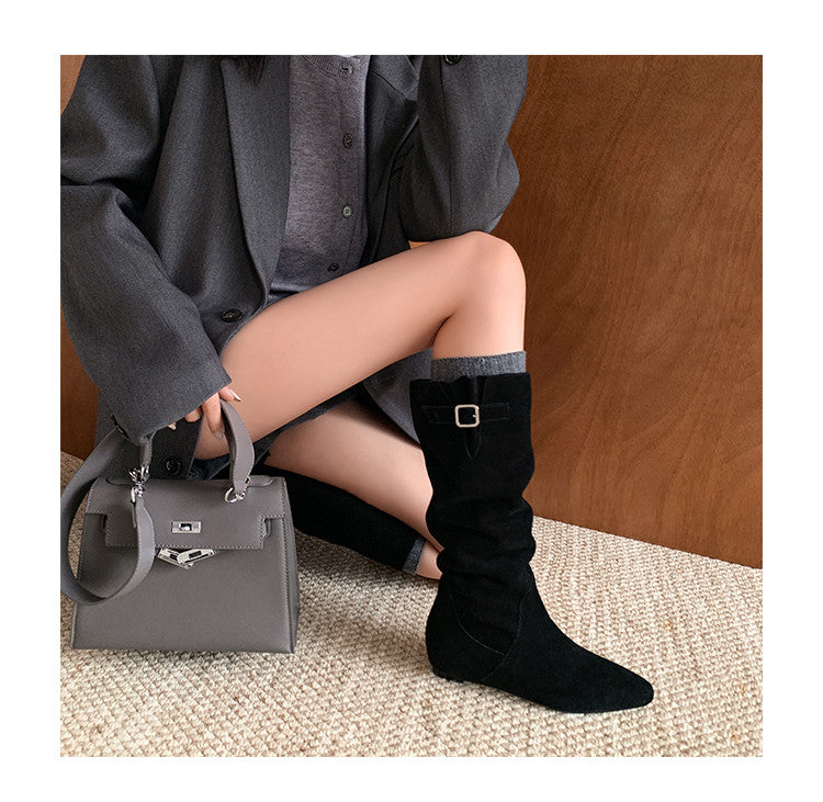 Karin Luna In Stock Spot Goods Vintage Cowhide Leather Chunky Heel Height Increasing Long Boots