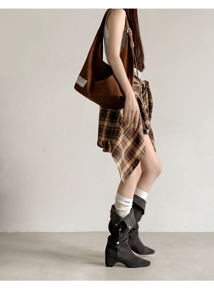 Karin Luna Bestseller Hot-Selling Hidden Buckle Lazy Style Square-Toe Height-Increasing Suede Western Boots