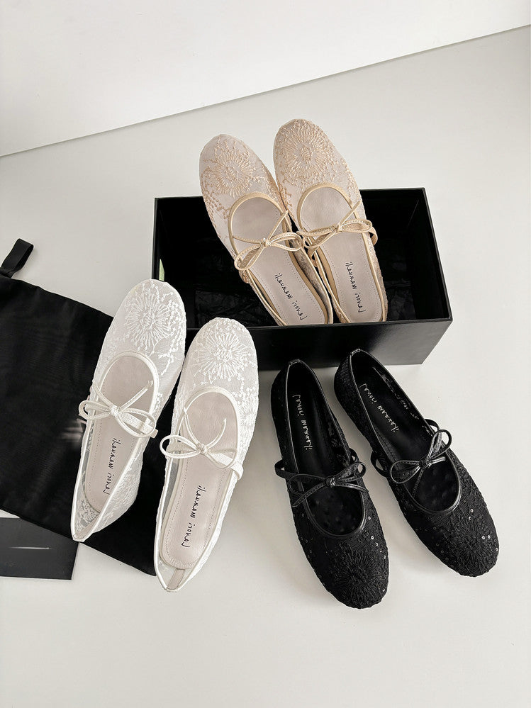 Karin Luna In Stock Spot Goods  Summer Breathable Retro Embroidered Bow Granny Shoes