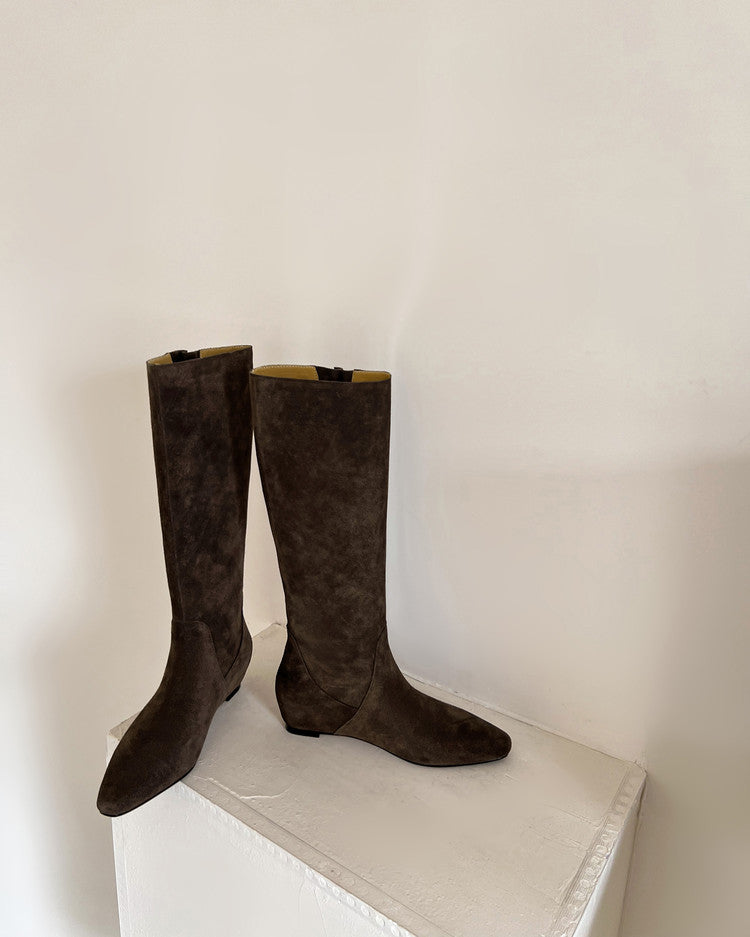 Karin Luna In Stock Spot Goods Vintage Cowhide Leather Chunky Heel Height Increasing Long Boots