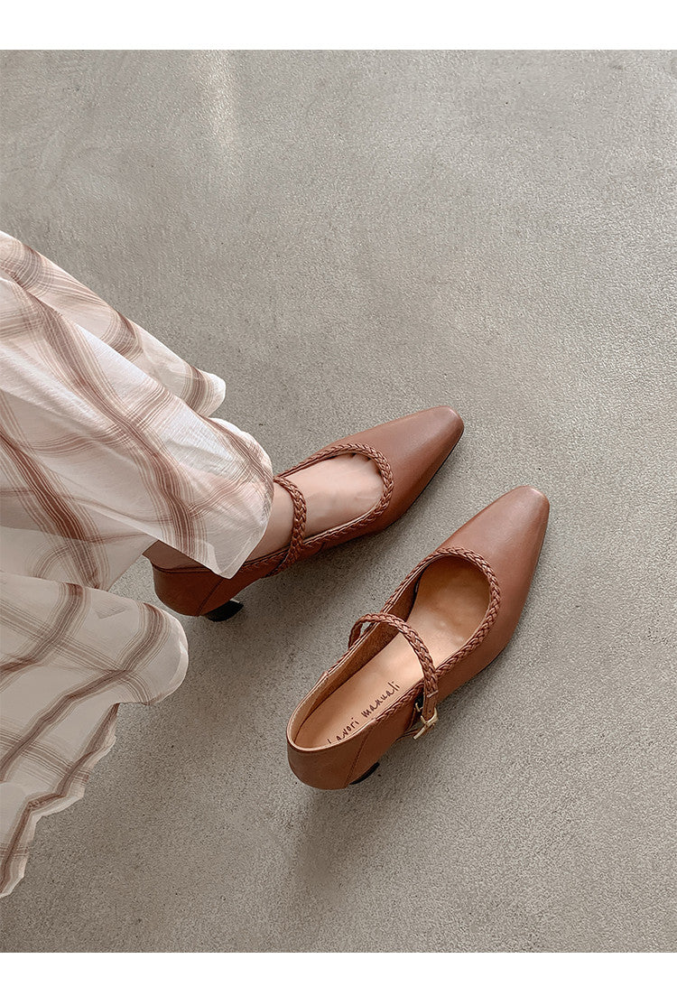 Karin Luna Braided Element Design Chunky Heel Square Toe Single Strap Shoes