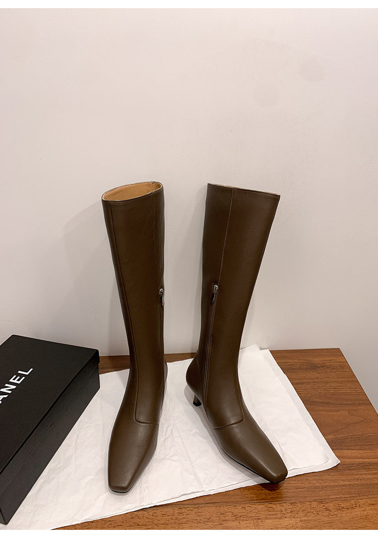 Karin Luna In Stock Spot Goods   Small Square Toe Thin Heel Elegant Slimming Long Boots