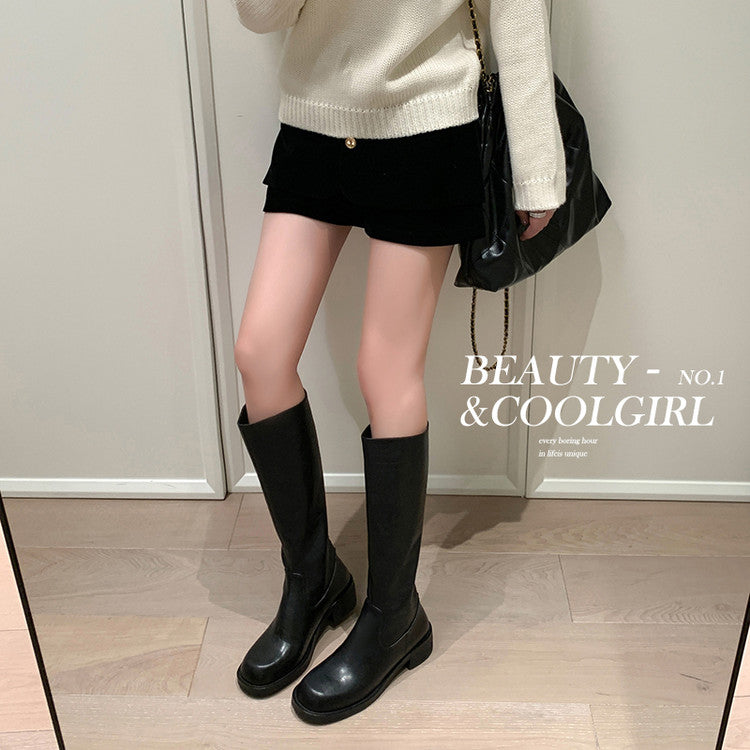 Karin Luna Basic Versatile Style Round Toe Chunky Heel Long Boots