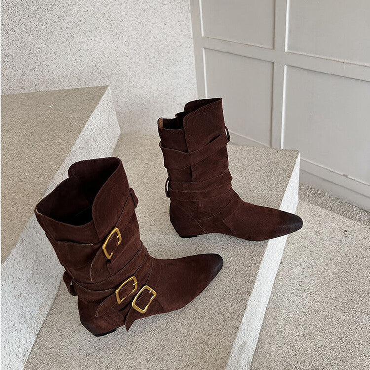Karin Luna Cow Leather Small Square Toe Belt Buckle Fashion Boots