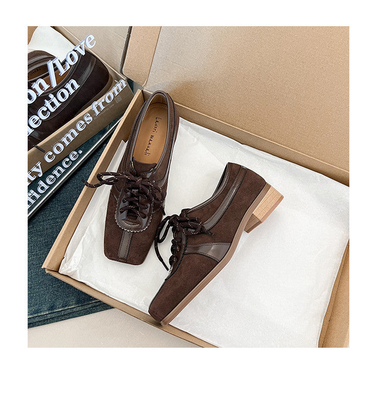 Karin Luna In Stock Spot Goods   Pig Nose Thin Strap Square Toe Patchwork Single Shoes