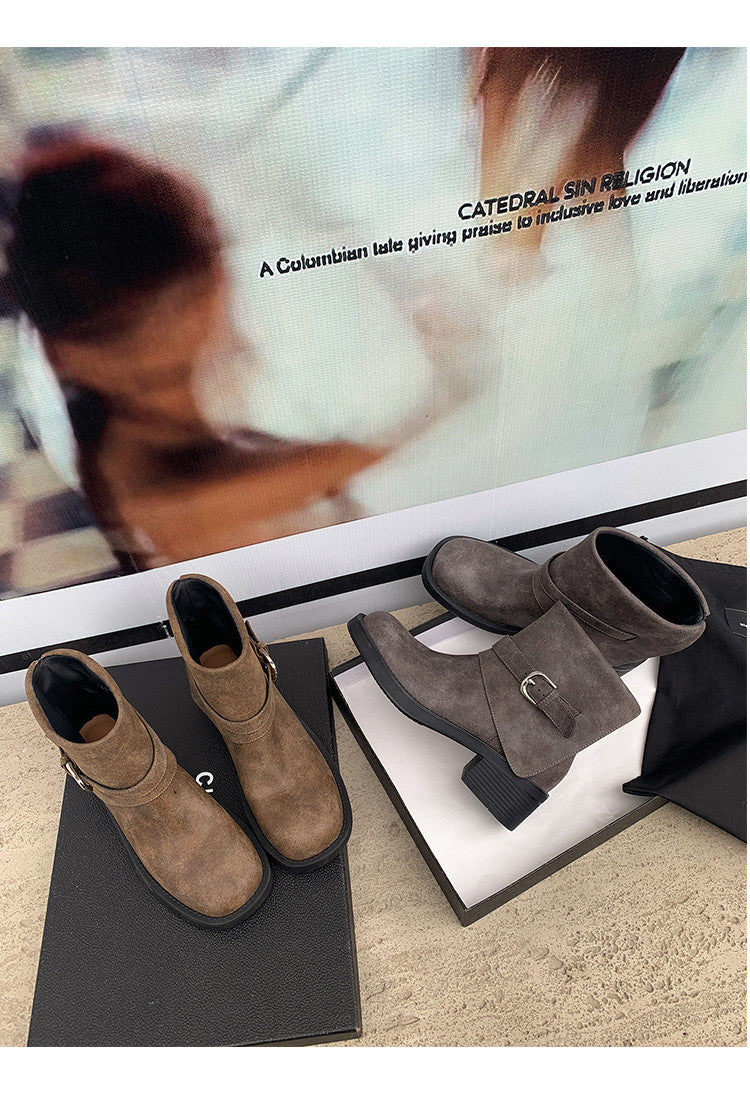 Karin Luna In Stock Spot Goods Versatile Basic Round Toe Belt Buckle Thick Sole Tube Boots