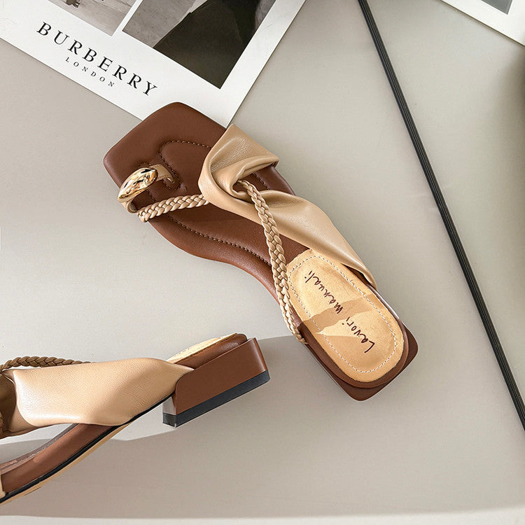 Karin Luna  Square Toe Braided Cross Thick Heel Flat Slippers