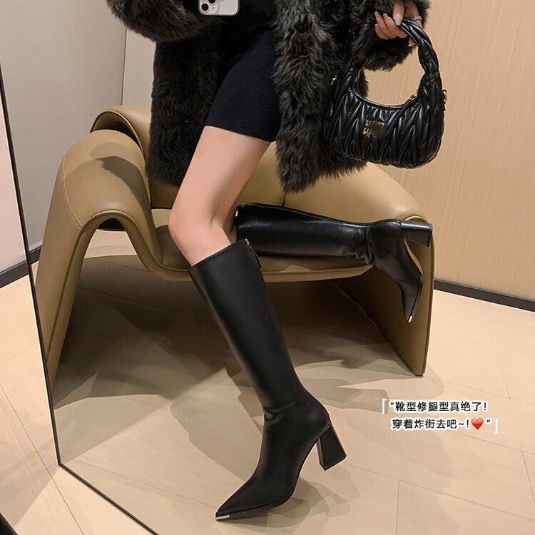 Karin Luna In Stock  In Stock Elegant Metal Pointed Toe Chunky Heel Full Cowhide Leather Riding Boots