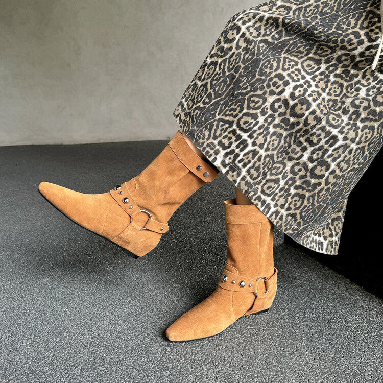 Karin Luna has prepared stock  Hot-Selling Retro Pointed Toe Wedge Metal Buckle High Tube Western Boots
