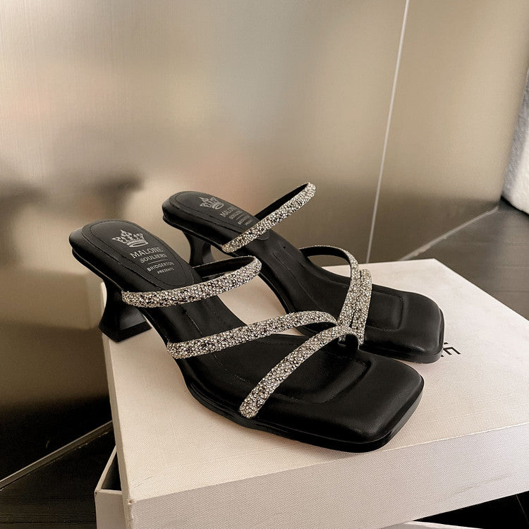 Karin Luna In Stock Spot Goods  Minimalist Versatile Square Toe Rhinestone Strap Open-Toe Sandals